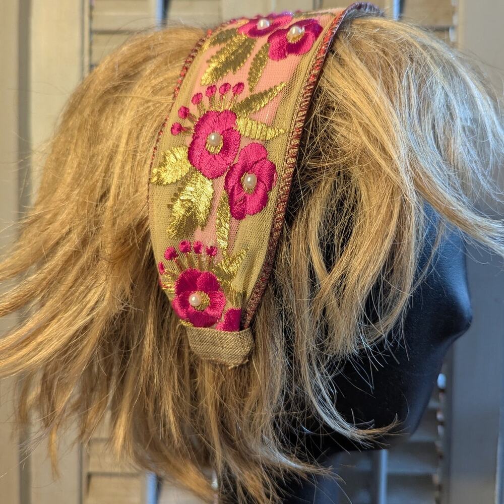 Floral embroidered hairband with gold thread and faux pearls